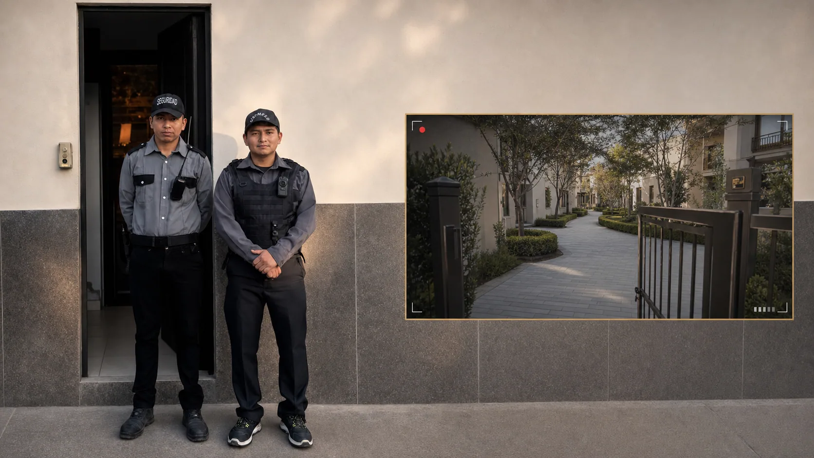 Oficiales de MP Protección con cámara corporal y visualización ilustrativa de un recorrido residencial