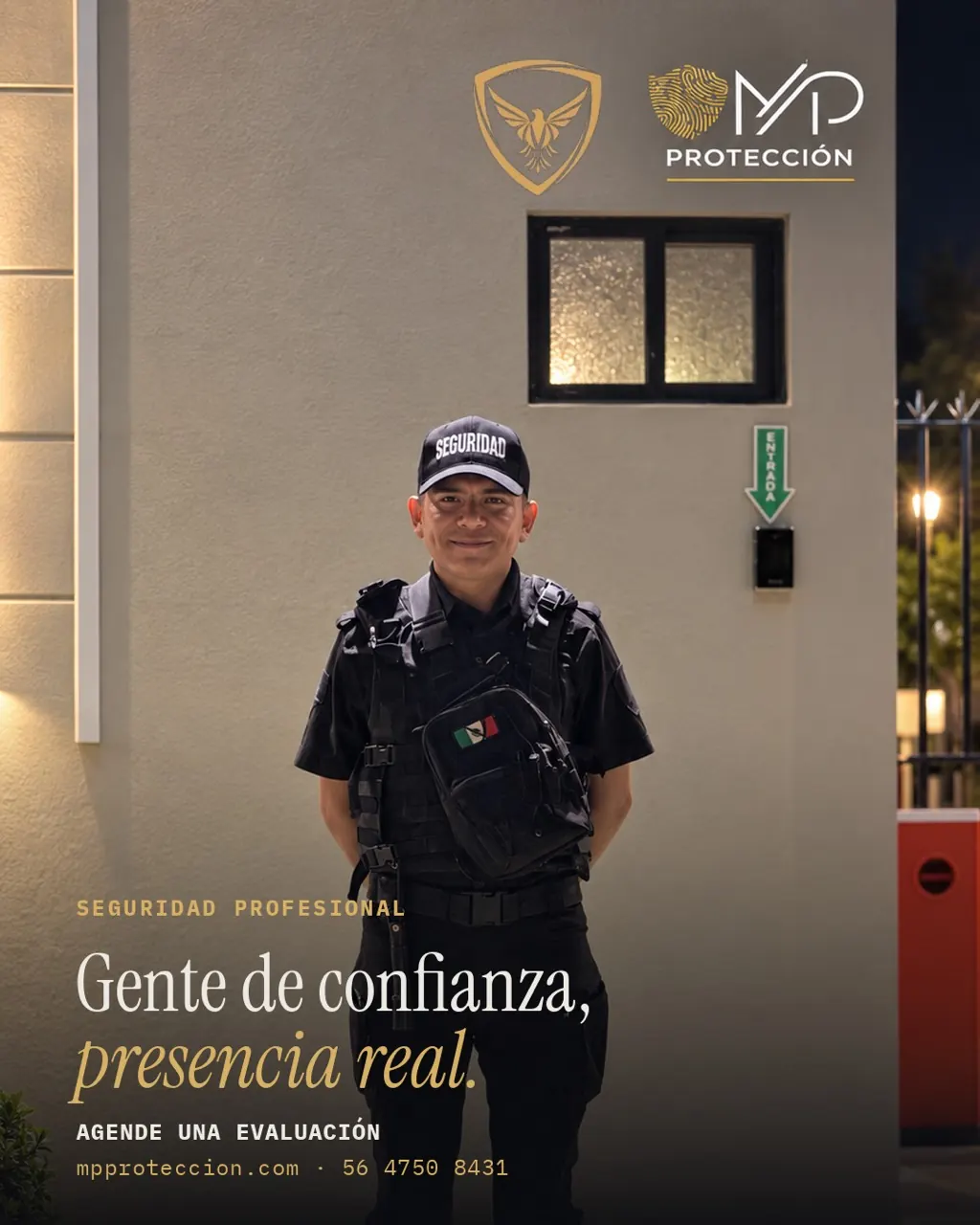 Oficial de MP Protección en servicio residencial con el mensaje Gente de confianza, presencia real