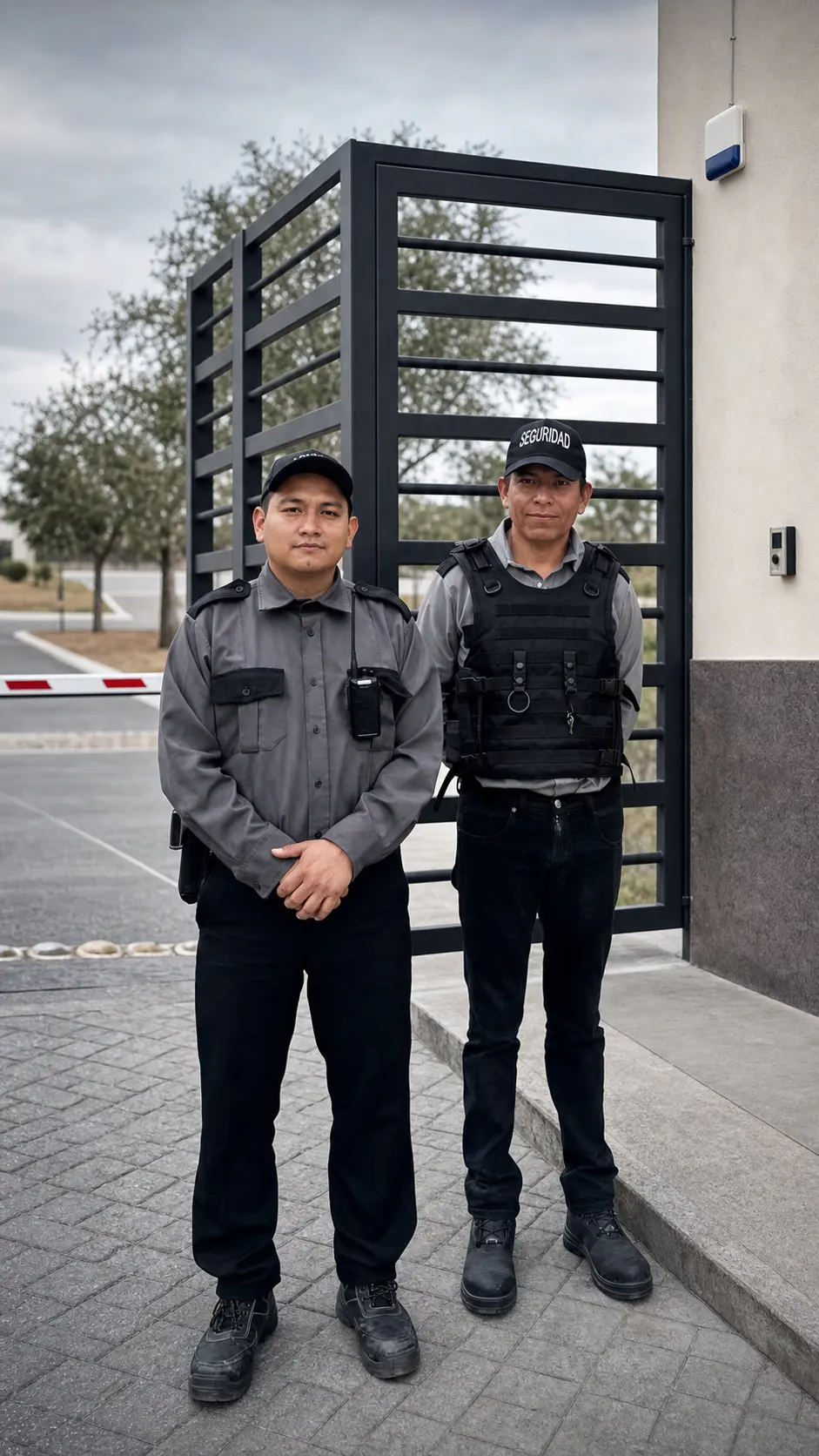 Dos oficiales uniformados de MP Protección en un acceso residencial con control de visitantes
