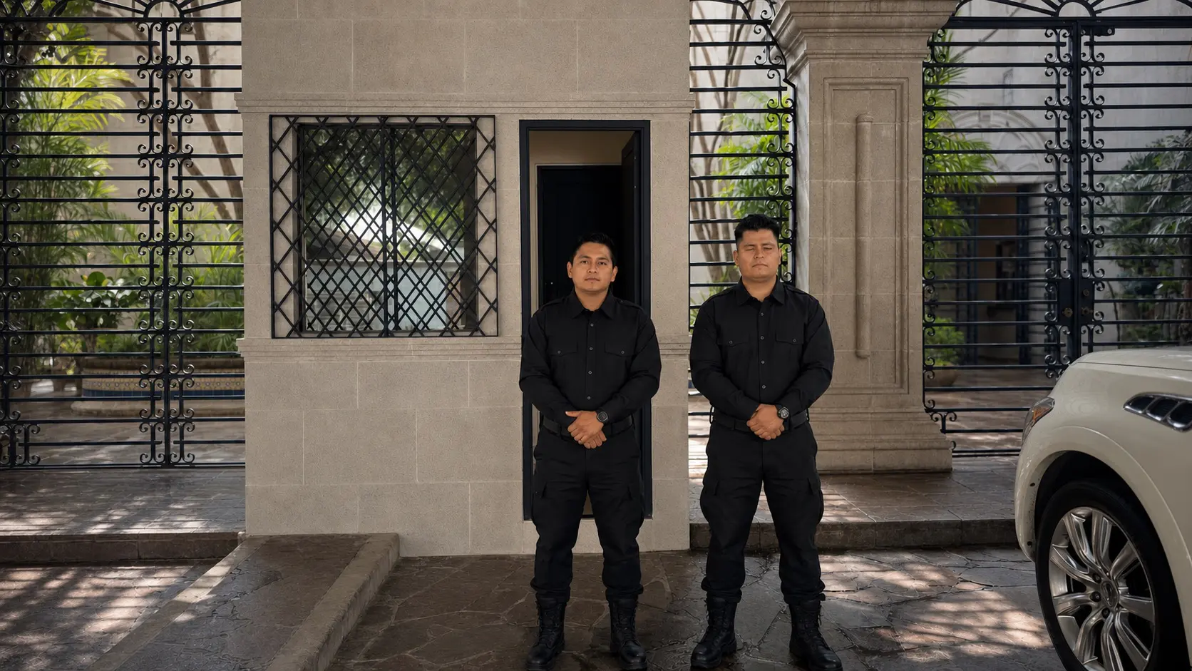 Dos oficiales de MP Protección asignados al acceso de una residencia privada en el área metropolitana de Monterrey